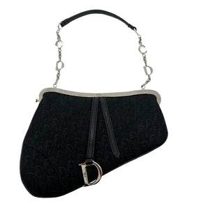 Christian Dior Nano Saddle Bag Top Handle Bag Black Canvas Shiny Silver Accents in Canvas Printed Silver-Toned Hardware Black Leather Handle CD Silver Lettering Nylon Lining Snap Closure at Top 