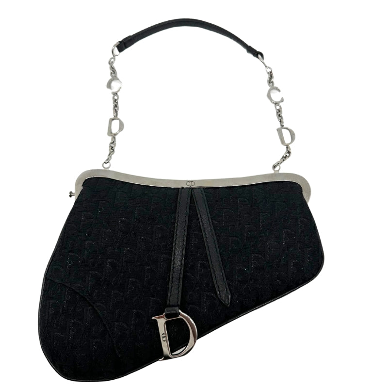 Christian Dior Nano Saddle Bag Top Handle Bag Black Canvas Shiny Silver Accents in Canvas Printed Silver-Toned Hardware Black Leather Handle CD Silver Lettering Nylon Lining Snap Closure at Top 
