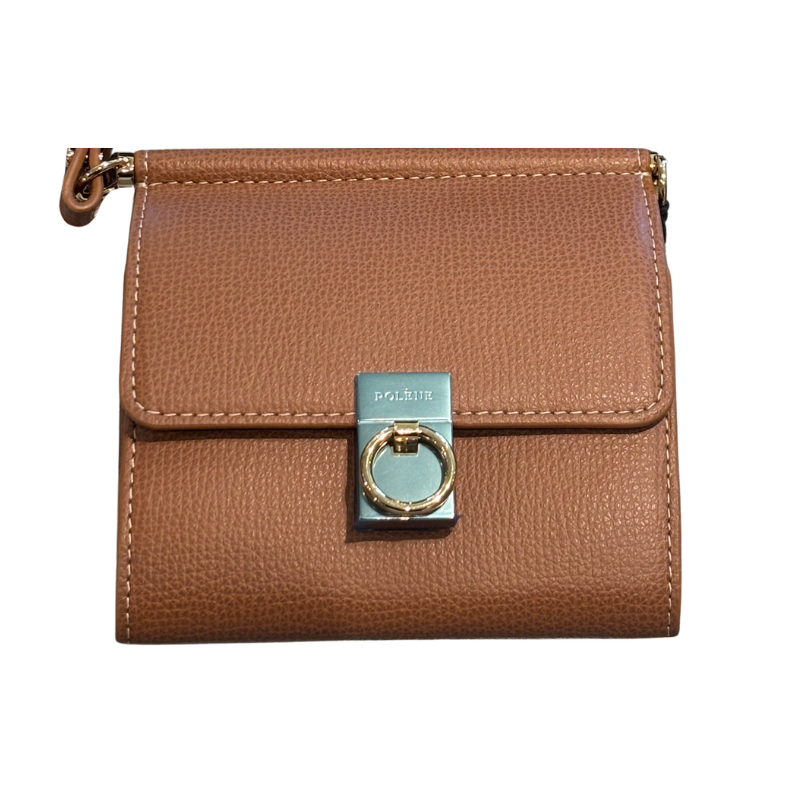 Front of brown Polene Number Seven Mini Crossbody Wallet on a white background. 