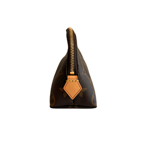 Right Side of Brown Louis Vuitton Monogram Cosmetic Pouch on a White Background
