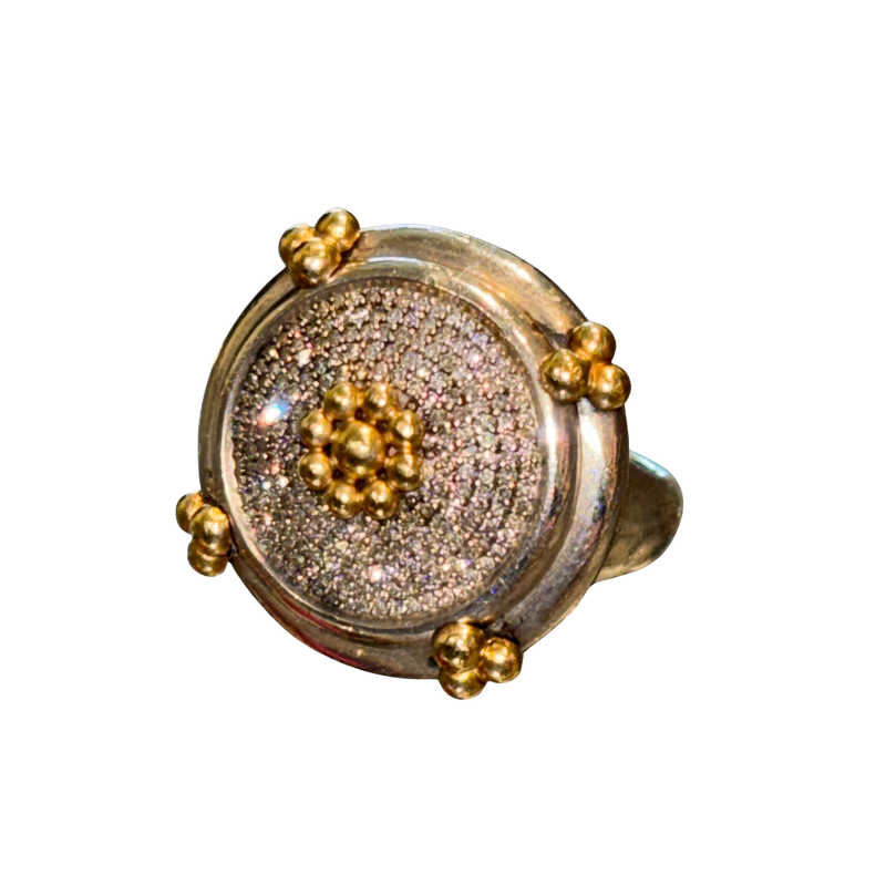 Slane Sterling Silver and 18K Gold Diamond Ring on a white background. 