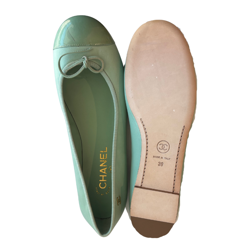 A pair of Chanel ballet flats in mint green patent leather, shown from both the top and the sole. The top view shows a small bow on the toe, and the sole view displays the beige insole with the Chanel logo and size 38.