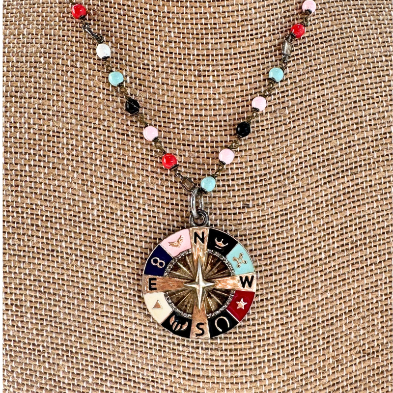 The Woods Fine Jewelry Multicolor Beaded Pave Diamond Compass Necklace
