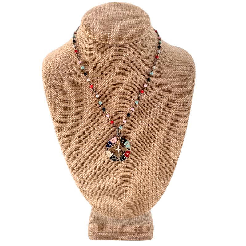 The Woods Fine Jewelry Multicolor Beaded Pave Diamond Compass Necklace