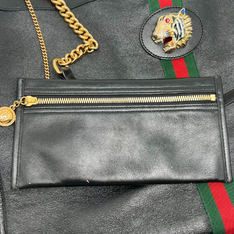 Gucci Rajah Large Tote  Black Leather Exterior  Gold Toned Hardware   Green and Red Fabric Strip Down Front and Back Exterior   Bedazzled Tiger on Front Exterior   Double Gold Toned Chain Should Straps with Leather Rests   Interior Button Closure  Brown Suede Interior   Interior Detachable Wallet with Black Leather Exterior, Gold Zipper, Brown Suede Interior 