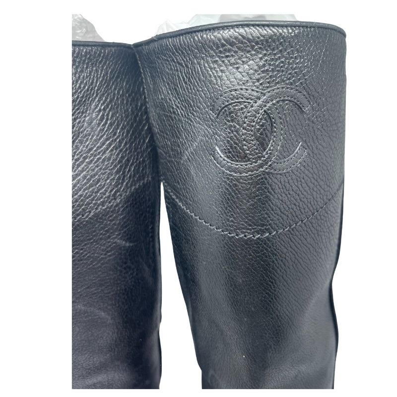 Chanel Interlocking CC Logo Leather Riding Boots Detailing 