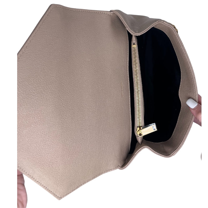 Saint Laurent Crossbody Bag Neutral Leather Gold-Tone Hardware Leather Trim Embellishment Single Exterior Pocket Grosgrain Lining Single Interior Pocket Flap Closure at Front