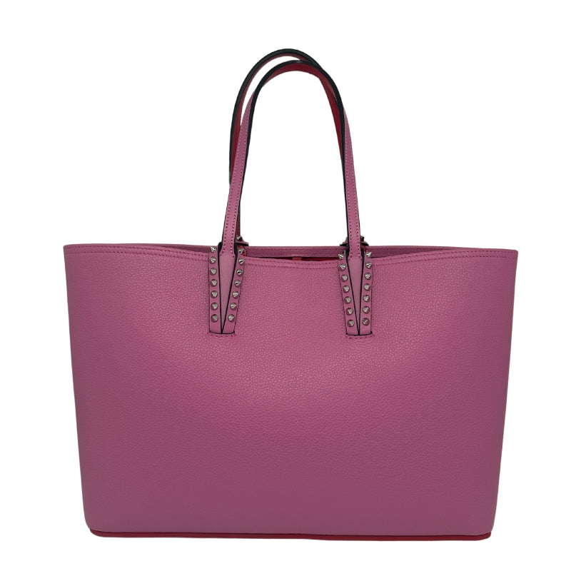 Christian Louboutin Cabata Tote Pink Leather Silver-Toned Hardware Dual Shoulder Straps Studded Accents Red Leather Lining Clasp Closure at Top Includes Pouch Includes Dust Bag