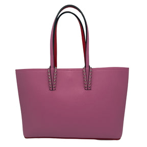 Christian Louboutin Cabata Tote Pink Leather Silver-Toned Hardware Dual Shoulder Straps Studded Accents Red Leather Lining Clasp Closure at Top Includes Pouch Includes Dust Bag