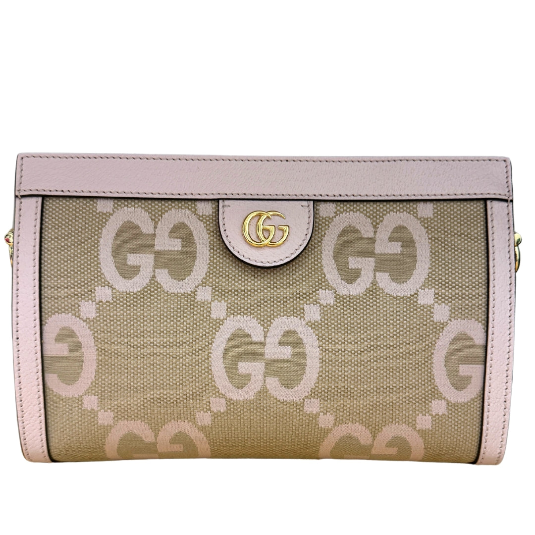 Gucci Jumbo Ophidia&nbsp;

Gucci Shoulder Bag

Pink Leather&nbsp;

Gold-Toned Hardware

Jumbo GG

Chain-Link Shoulder Strap

Canvas Lining

Single Interior Pocket

Snap Closure at Top