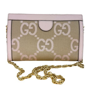 Gucci Jumbo Ophidia&nbsp;

Gucci Shoulder Bag

Pink Leather&nbsp;

Gold-Toned Hardware

Jumbo GG

Chain-Link Shoulder Strap

Canvas Lining

Single Interior Pocket

Snap Closure at Top