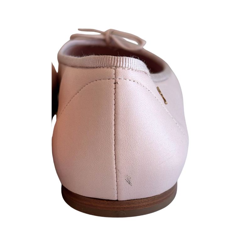 A light pink leather ballet flat shoe shown from a rear three-quarter view, featuring a small gold brand logo on the side and a brown sole, set against a plain white background.