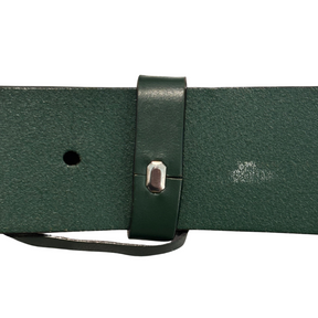 Up Close of Gucci GG Buckle Leather Belt showing small white mark on inside of belt. 