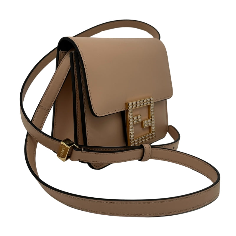 Fendi Fab Crossbody Bag Tan Leather Exterior Gold-Tone Hardware Single Adjustable Shoulder Strap Leather and Crystal Accents Brown Suede Lining & Interior with Card Slots Flap Closure at Front & Snap Closure Front