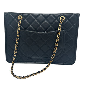 Chanel Quilted Tote Black Leather Interlocking CC Logo Gold Tone Hardware Chain-Link Handles & Chain Link Shoulder Straps Black Lining with Zip Pocket Exterior Pocket on Back Lock Closure on Top