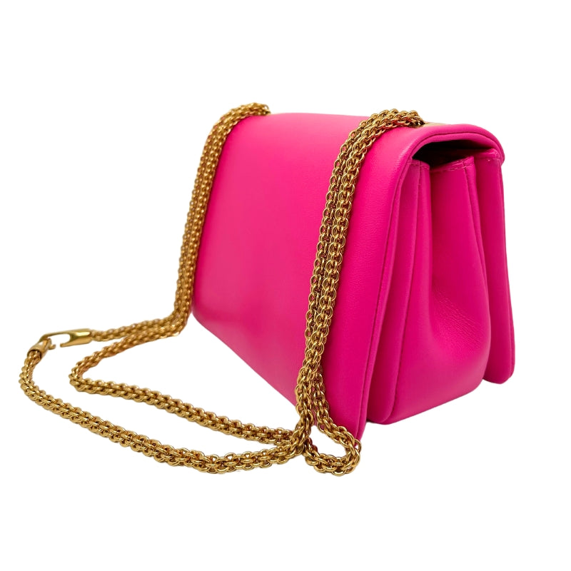 Valentino One Stud Nappa Crossbody Bag Pink Leather Gold-Toned Hardware Chain-Link Shoulder Strap Pink Leather Lining Flap Closure at Front 