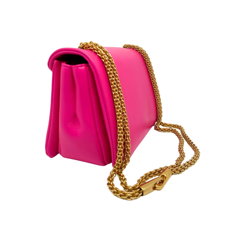 Valentino One Stud Nappa Crossbody Bag Pink Leather Gold-Toned Hardware Chain-Link Shoulder Strap Pink Leather Lining Flap Closure at Front 
