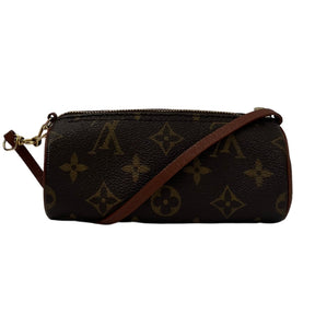 Back View: Brown Coated Canvas, LV Monogram, Brass Hardware, Wrist Strap, Zip Closure at Top.  Edit alt text