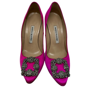 Front View: Pointed Toe, Crystal Buckle Detail, Leather Lining and Sole, Hot Pink Satin, Slip-On Style. 