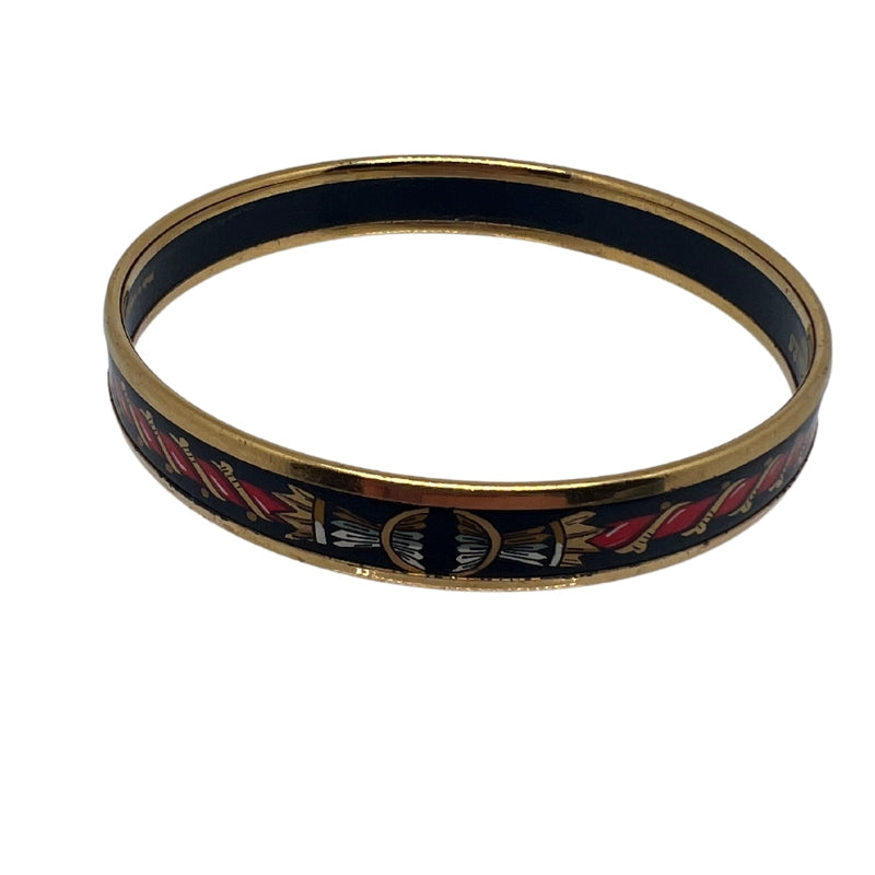 Hermes Extra Narrow Enamel Bangle, 18K Yellow Gold-Plated Brass, Enamel, Red and Black Design, Circumference: 7.5", Width: 0.3", Condition: Excellent.