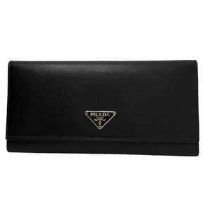 Front View: Black Leather, Envelope Flat Top with Snap Closure, Triangle Prada Logo. 