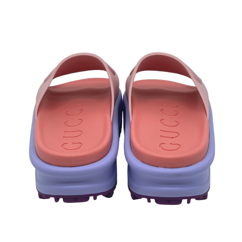 Gucci Interlocking G Platform Rubber Slides, Size 38, Embossed GG Logo, Pink and Purple Rubber, Rubber Sole, Condition: Excellent