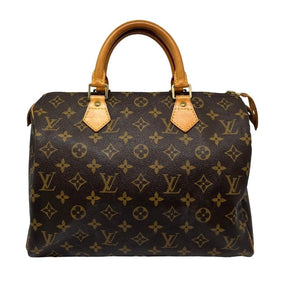 Louis Vuitton logo speedy 30, brown monogram coated canvas exterior, rolled handles, top zipper closure, canvas lining, single interior pocket, brass hardware, condition good, front view