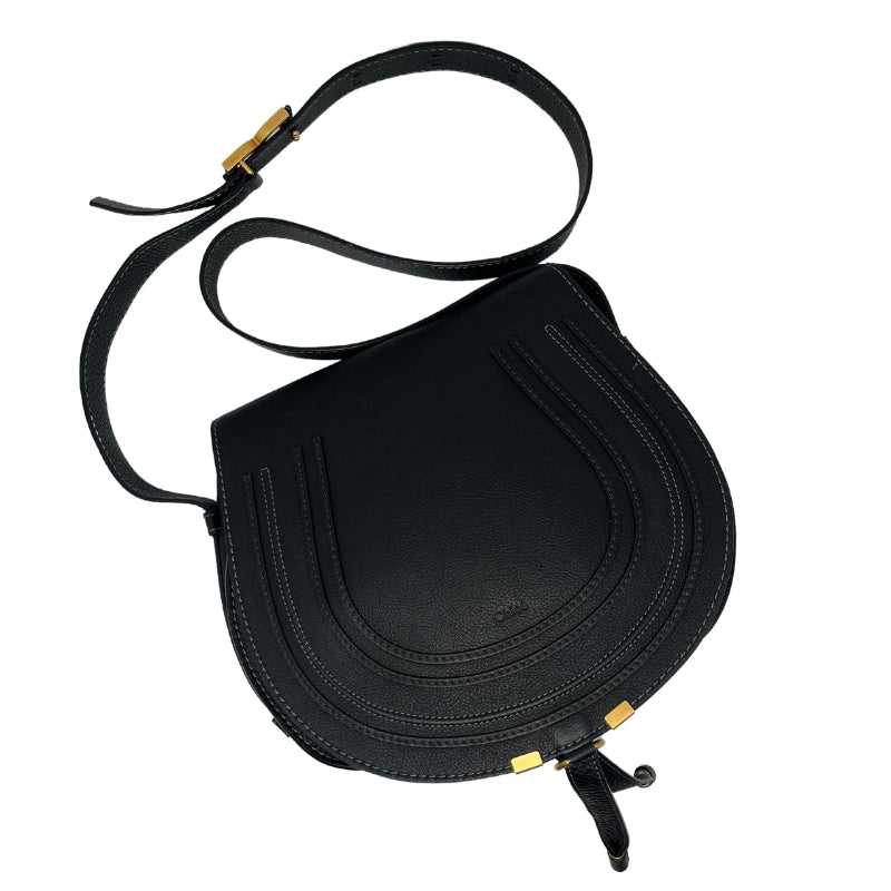 Chloe Marcie Black Leather Crossbody, Black Leather Exterior, Gold-Tone Hardware, Front Flap Closure, Adjustable Crossbody Strap, Canvas Lining, Single Interior Pocket, Condition: Excellent