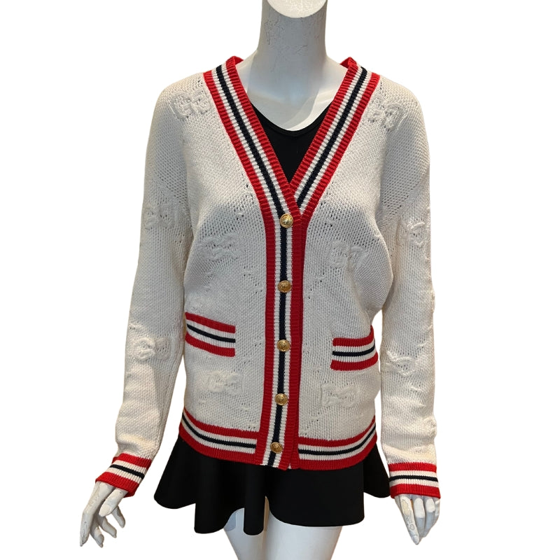 Gucci Striped Wool Blend GG Logo Jacquard Knit Cardigan, Size XXS Oversized, Ivory Knitted Wool, Perforated GG Logo, Red and Black Striped Trim, Two Front Pockets, Gold Tone Button Closure, Made In Italy, 69% Wool 29% Silk 1% Polyamide 1% Elastane, Condition: Excellent