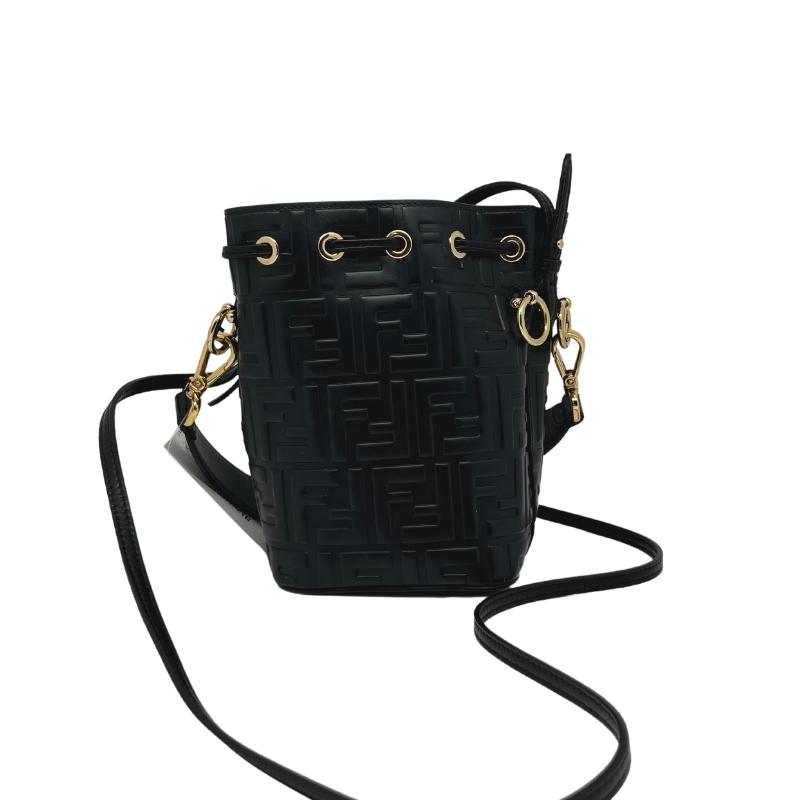 Fendi Zucca Mon Tresor Bucket Bag, Black Leather Exterior, Zucca FF Logo, Gold Tone Hardware, Flat Handle & Single Shoulder Strap, Microfiber Lining, Drawstring Closure at Front, condition excellent