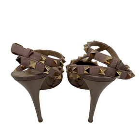 Valentino Rockstud Caged Pump| Size 40| Platinum Finish Studs| Tan Piping and Ankle Straps| Leather Sole| Heel Height: 4"| Condition: Excellent.