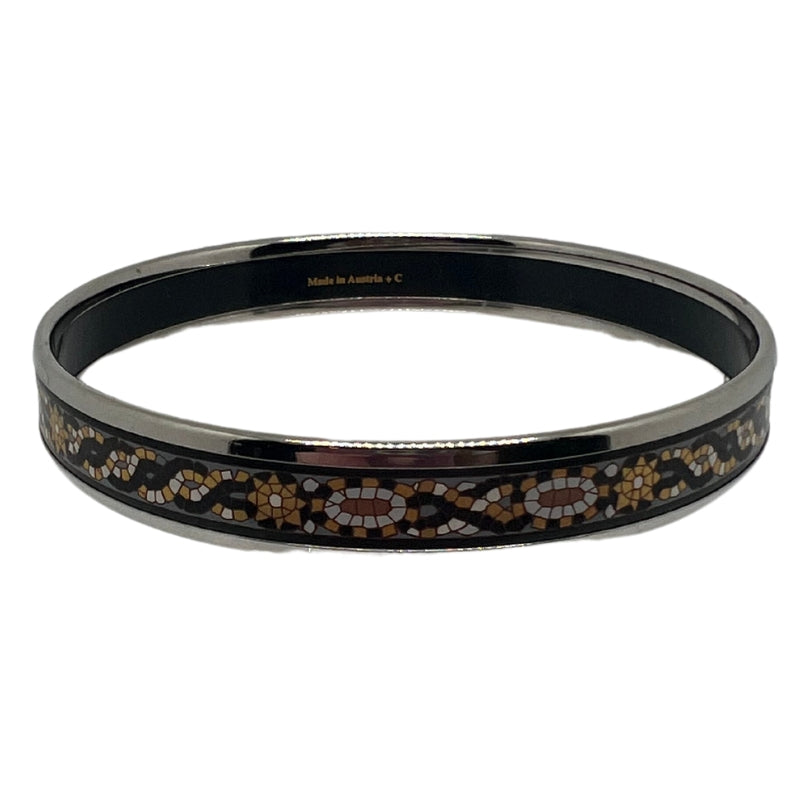 Hermes Narrow Enamel Bangle, Enamel, Black and Gold Design, Circumference: 7.25", Width: 0.3", Condition: Excellent.