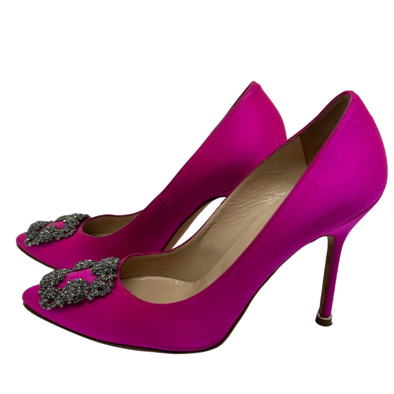 Side View: Pointed Toe, Crystal Buckle Detail, Leather Lining and Sole, Hot Pink Satin, Slip-On Style.