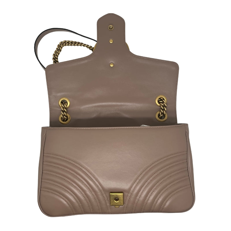 Gucci GG Marmont Matelassé Large Shoulder Bag, Gucci Shoulder Bag, Beige Leather, Gold Hardware, Chain Link Hardware, Suede Lining, Three Interior Pockets, Snap Closure At Front Pockets