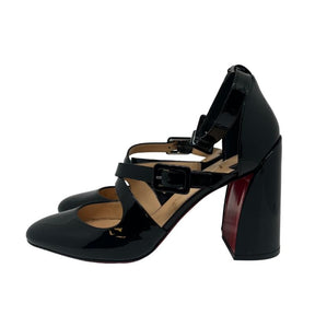 Christian Louboutin Patent Leather Mary Jane Heels, Size 41, Heel Height: 3.25", Black Patent Leather Exterior, Block Heel, Rounded Toe, Criss Cross Straps, Buck Details, Ankle Strap, condition excellent