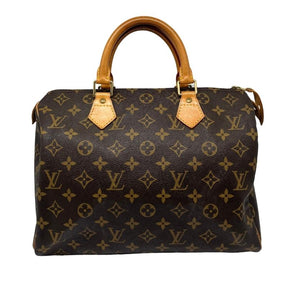 Louis Vuitton logo speedy 30, brown monogram coated canvas exterior, rolled handles, top zipper closure, canvas lining, single interior pocket, brass hardware, condition good, back view