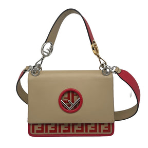 Fendi Kan I F Zucca Shoulder Bag, Tan and Red Leather Exterior, Front Flap Snap Closure, Shoulder Strap, Top Handle Strap, Gold and Silver Tone Hardware, Zucca FF Logo, Grosgrain Trim, Suede Lining, Single Interior Pocket, Dust Bag Included, Condition: Excellent