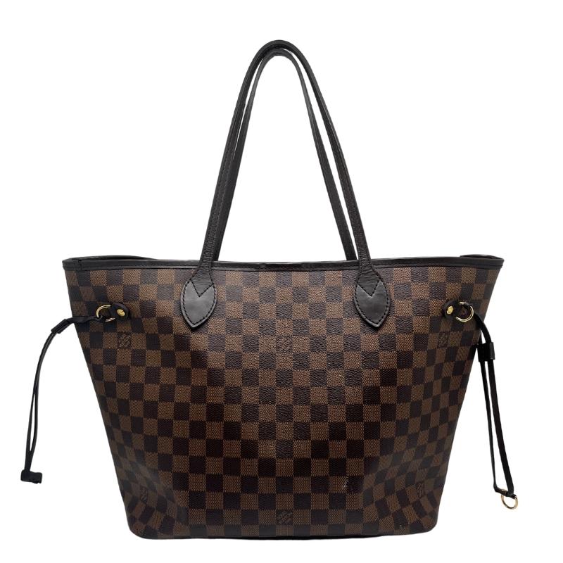 Louis Vuitton Damier Ebene Neverfull MM, Louis Vuitton tote bag, front view, brown checker print exterior, coated leather exterior, brass hardware, dark brown leather trim, dual shoulder straps, clasp closure at top, jacquard lining, single interior pocket, condition excellent