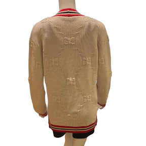 Gucci Striped Wool Blend GG Logo Jacquard Knit Cardigan, Size XXS Oversized, Ivory Knitted Wool, Perforated GG Logo, Red and Black Striped Trim, Two Front Pockets, Gold Tone Button Closure, Made In Italy, 69% Wool 29% Silk 1% Polyamide 1% Elastane, Condition: Excellent