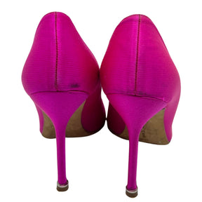 Back View:  Leather Lining and Sole, Hot Pink Satin, Slip-On Style.