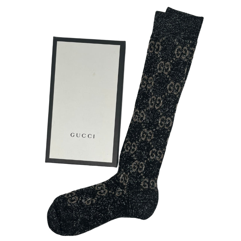 Gucci Lammé GG Socks, Size Small, Dark grey and black lamé GG cotton, Made In Italy, 60% cotton 25% polyamide 15% metallic fiber, Condition: Excellent