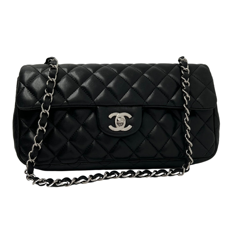 Front View: Black Diamond Quilted Leather, Black Chain Link Leather Threaded Strap, Polished CC Turn Lock on Front. 