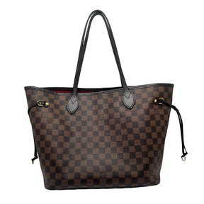 Louis Vuitton Damier Ebene Neverfull MM, Louis Vuitton tote bag, back view, brown checker print exterior, coated leather exterior, brass hardware, dark brown leather trim, dual shoulder straps, clasp closure at top, jacquard lining, single interior pocket, condition excellent