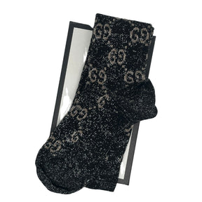 Gucci Lammé GG Socks, Size Small, Dark grey and black lamé GG cotton, Made In Italy, 60% cotton 25% polyamide 15% metallic fiber, Condition: Excellent