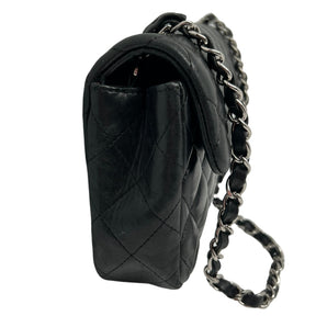 Side View: Black Diamond Quilted Leather, Black Chain Link Leather Threaded Strap. 