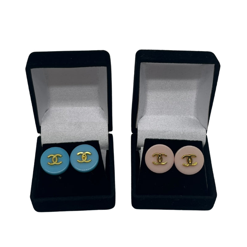 Designer Button Earrings, Authentic Chanel Buttons, Gold Hardware, Studded, Interlocking CC Logo, Pink and Blue, Condition: New