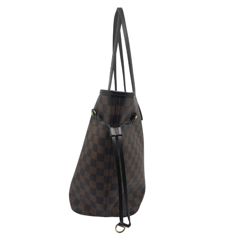 Louis Vuitton Damier Ebene Neverfull MM, Louis Vuitton tote bag, side view, brown checker print exterior, coated leather exterior, brass hardware, dark brown leather trim, dual shoulder straps, clasp closure at top, jacquard lining, single interior pocket, condition excellent