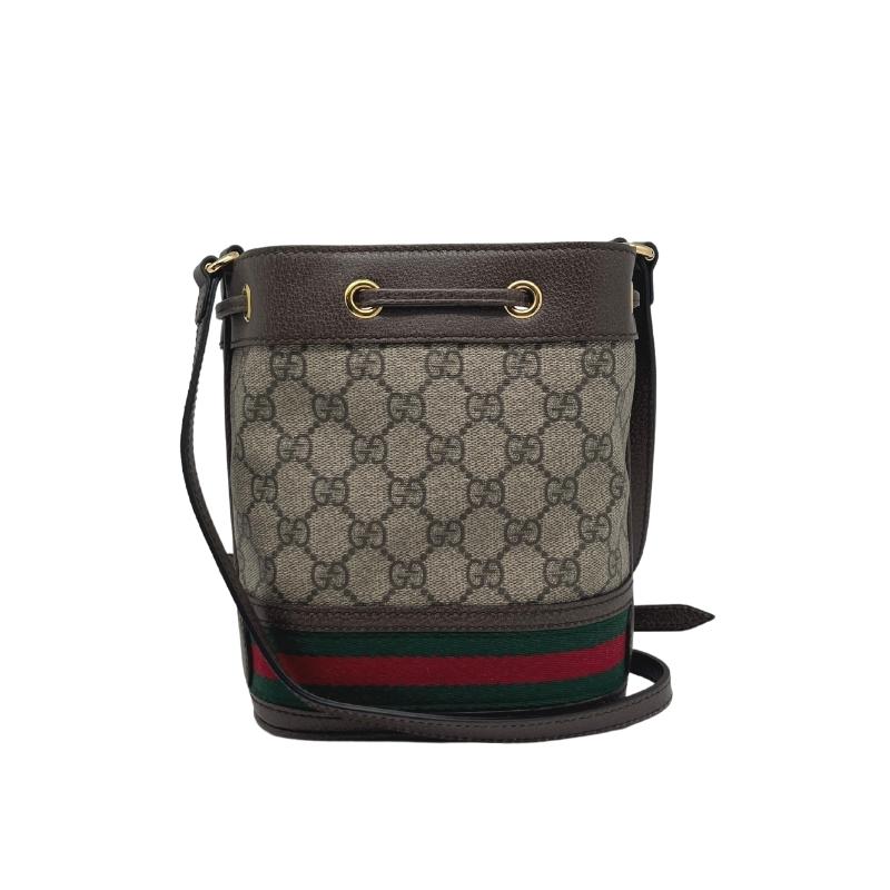 Gucci GG Supreme Mini Ophidia Bucket Bag, Canvas GG Logo Exterior, Gold Tone Hardware, Brown Leather Trim, Red and Green Stripe Detail, Suede Lining, Drawstring Closure at Front, condition excellent