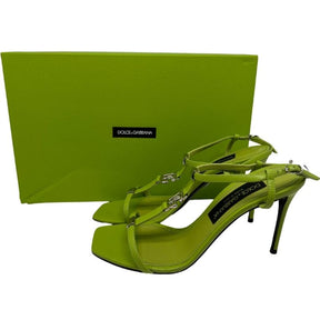 Dolce Gabbana DG Logo Leather Sandal, Size 39, Green Leather, Silver Tone Hardware, Logo Accent, Adjustable Ankle Strap, Buckle Closure, Padded Leather Insole, Smooth Leather Sole, Heel Height: 3.5". Condition: Excellent. 