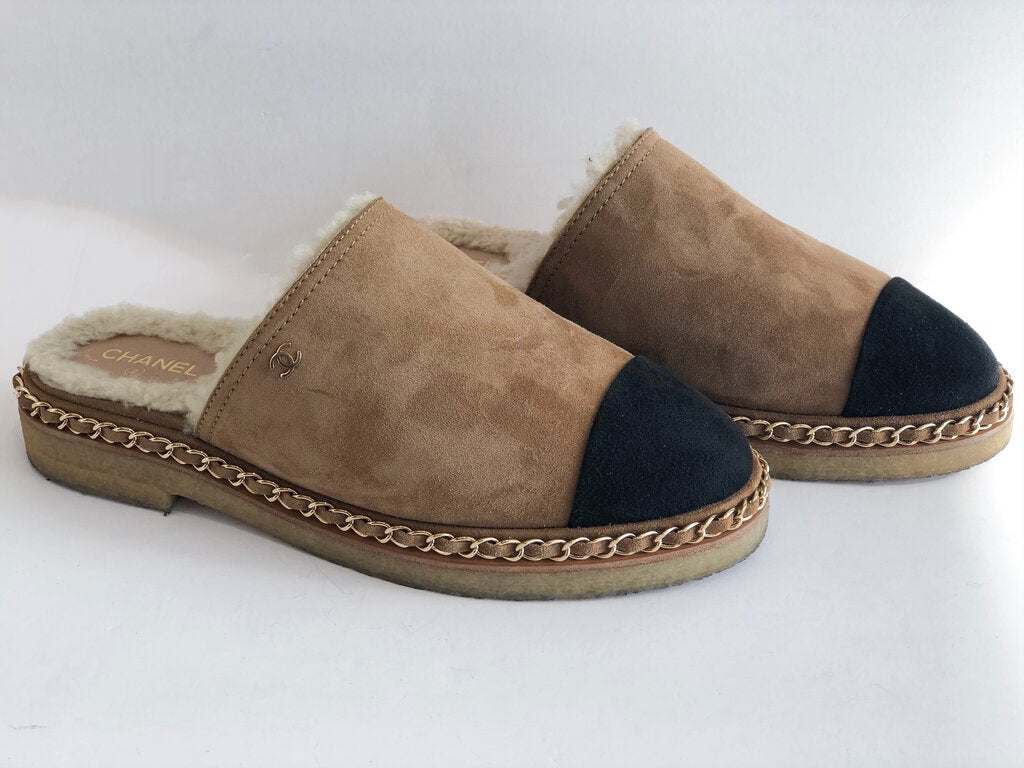 Chanel Shearling Suede Mules